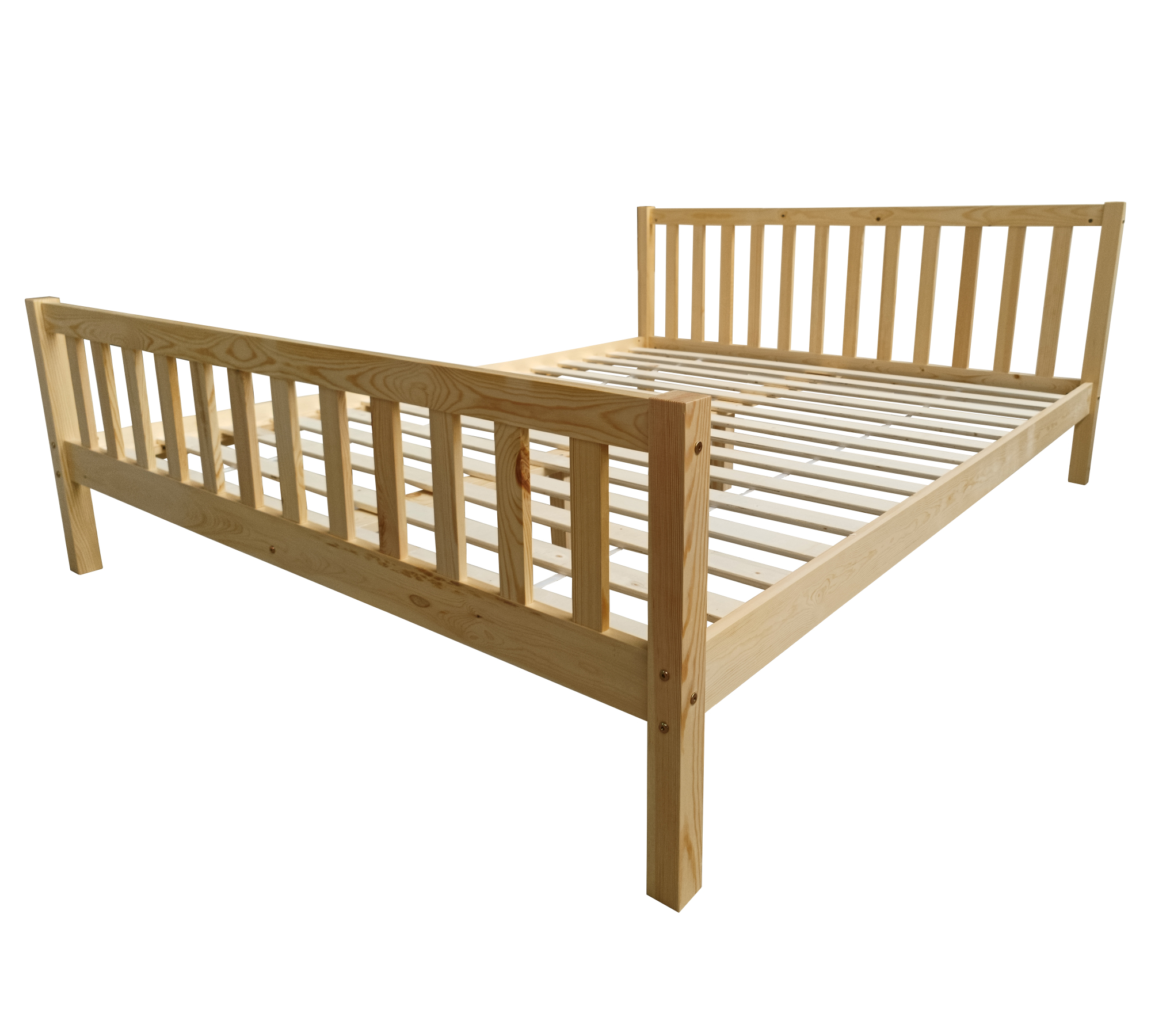 Rustic wooden bed, natural wood color, solid pine, 140x200 cm, with slatted base